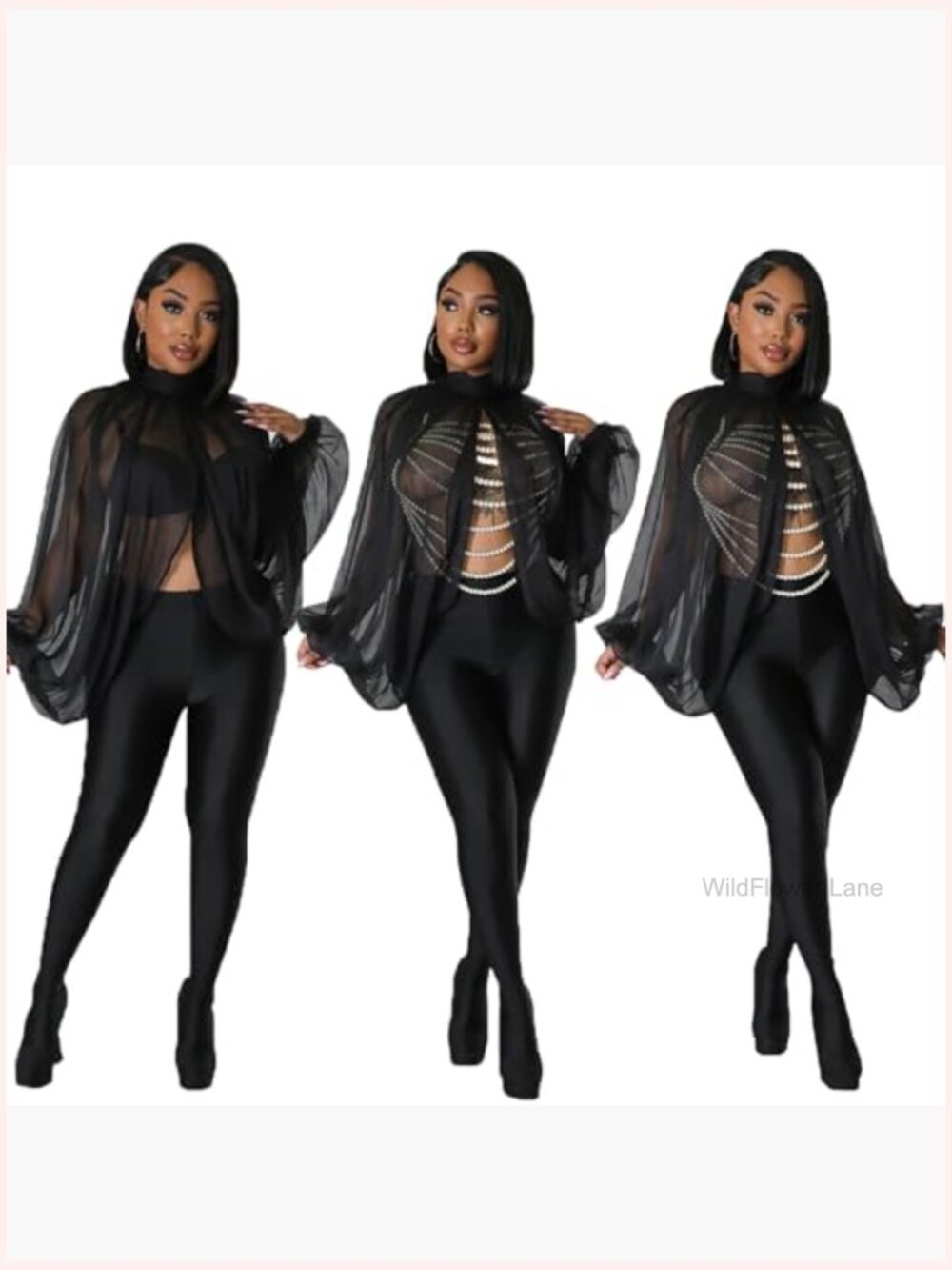 Sexy Sheer Chiffon Lantern Sleeve Blouse Front Back Open Self Tie Top - Picture 4 of 7